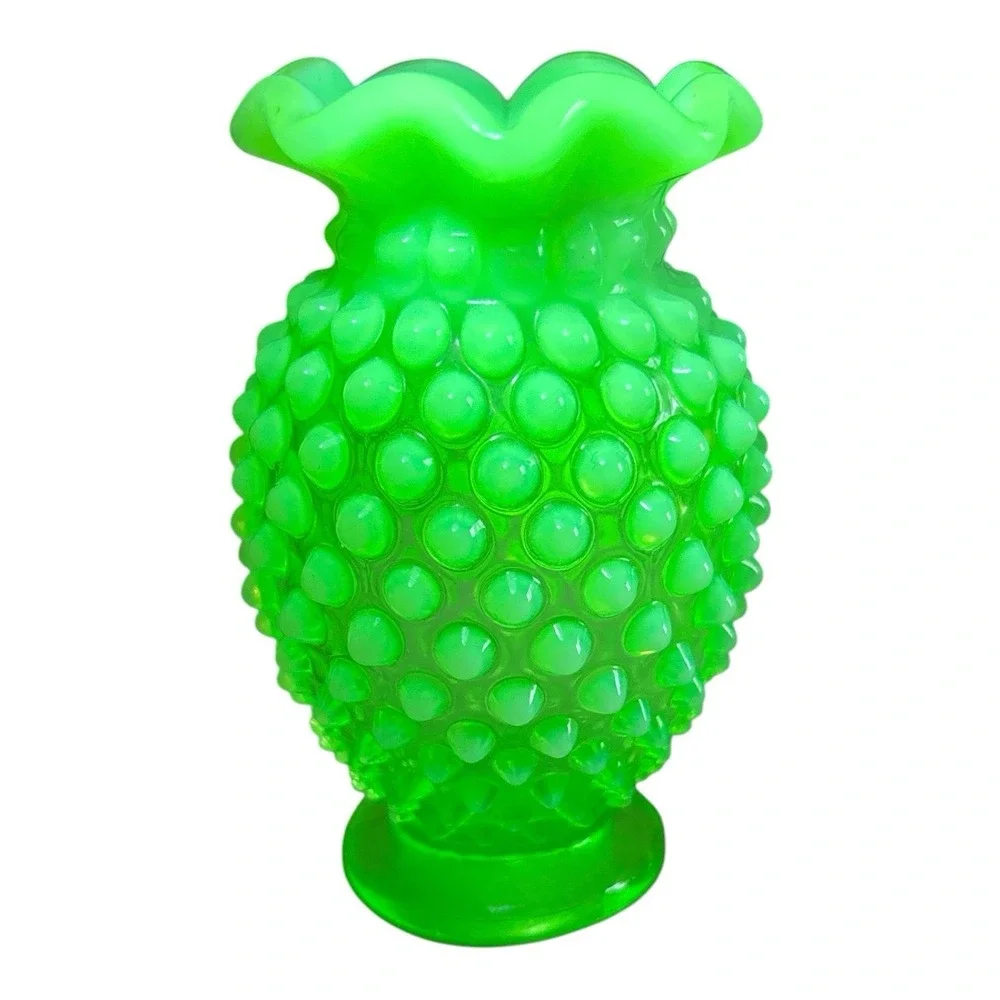 Vintage Fenton Hobnail Vaseline Uranium Glass Bud Vase Set of 3 Green Glow #07